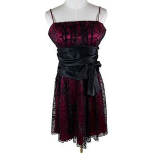 Vintage Dollar Dress L Magenta Black Tulle Mesh Overlay Y2K Goth Whimsigoth Mini